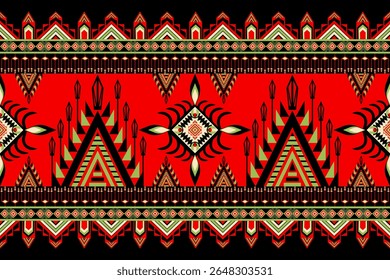 Seamless geometric ethnic pattern featuring bold red, green, and black motifs inspired by tribal art.  Traditional textile, triangles, diamond shapes for fabric, print, background, carpet, wallpaper.