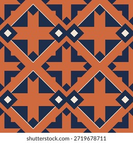 Patrón étnico geométrico sin fisuras con Formas de diamantes llamativos y motivos cruzados en tonos naranja terracota, azul marino profundo y crema. Diseño de Vector plano inspirado en textiles populares y tribales, ideal para imprimir telas, Fondo de pantalla, papel de regalo, ropa, decoración del hogar y aplicaciones de fondo modernas. Vector sin costuras de alta calidad adecuado para el diseño profesional de textiles y superficies.