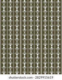 Seamless geometric ethnic pattern featuring repeating vertical bands with stylized arrow, chevron, diamond, and triangular motifs in ivory white on an olive green background. The symmetrical design creates a traditional textile-inspired appearance suitable for fabric, wallpaper, fashion, and decorative applications.