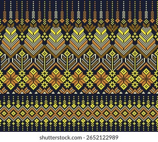 Seamless Geometric ethnic pattern. Floral pixel motifs traditional design for Saree, Patola, Sari, dupatta, clothing, fabric, batik, knitwear, embroidery, border, ornament, cross stitch, pixel pattern