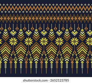 Seamless Geometric ethnic pattern. Floral pixel motifs traditional design for Saree, Patola, Sari, dupatta, clothing, fabric, batik, knitwear, embroidery, border, ornament, cross stitch, pixel pattern