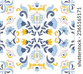 Seamless geometric ethnic pattern flowers in Scandinavian or Slavic style. Floral symmetrical vintage motif. For wallpaper, fabric, wrapping, background.