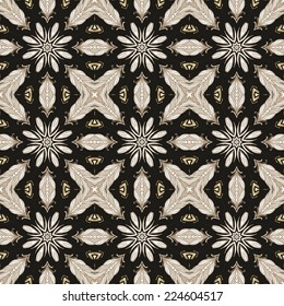 Seamless geometric ethnic pattern with golden - white feathers on dark background