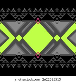 Seamless geometric ethnic pattern green on  black background. Native American tribal fabrics, tiles, rugs, Aztec motifs, often found in southwestern textiles, vector design. Arabic motif on window.