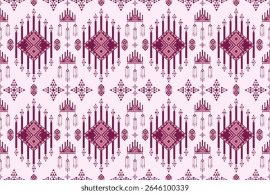 A seamless geometric ethnic pattern, intricate tribal motifs and diamond shapes in shades of burgundy and pink on a light pink background. For textile designs, background, wallpaper, cultural prints.
