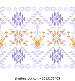 Seamless geometric ethnic pattern in light blue, orange on white background. Native American tribal fabric. Suitable for textiles, tiles, carpet. Vector illustration design. Indian national dress.