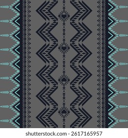 Seamless geometric ethnic pattern. Native American tribal fabric. Light blue squares. This design reflects the traditional tribal motif often used in textiles, tiles, rugs on a gray background.