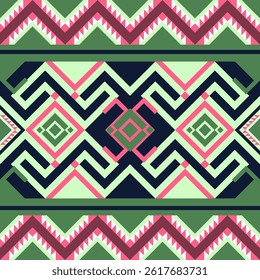 Seamless geometric ethnic pattern. Native American tribal fabric, tiles, rugs, carpets, cards, Navajo. Vector illustration design. Pink and green on dark background. Triangles and arrows graphic.