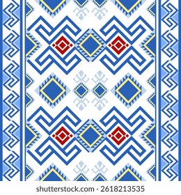 seamless geometric Ethnic pattern. Native American tribal fabric. squares in light blue. This design reflects traditional tribal motifs often used in textiles, tile, carpet, on a white background.