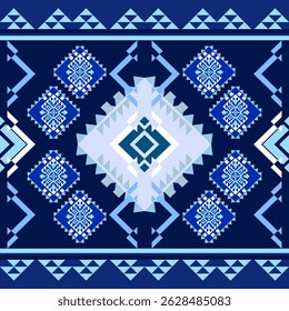 Seamless geometric Ethnic pattern in Navy blue background. Native American tribal fabric, tile, carpet, cards, picture books, often found in textiles and Southwestern design. arabic on the window.