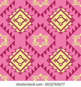 Seamless Geometric Ethnic pattern on black background in pink and yellow tones. Native American tribal fabric . Suitable for textile, rug, tile, Navajo, Patola saree, Vector illustration design.