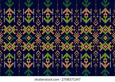 Patrón étnico geométrico inconsútil en el fondo azul oscuro. Diseño de estilo tribal tradicional para textiles, Fondo de pantalla y fondo.
