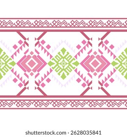 Padrão étnico geométrico contínuo Rosa, verde claro. Tecidos tribais, azulejos, tapetes, motivos astecas, livros ilustrados, frequentemente encontrados em tecidos e design do sudoeste dos EUA. Motivo árabe na janela.