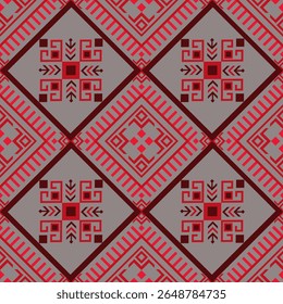 Seamless Geometric Ethnic Pattern with Red Tribal Diamond Motifs and Abstract Symbols on Gray Background, Traditional Decorative Design for Fabric, Wallpaper, Digital Prints, and Interior Decor