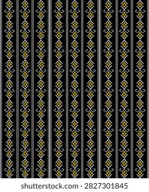 Seamless geometric ethnic pattern with repeating vertical stripes and traditional tribal motifs. The design combines diamond and angular elements in a balanced symmetrical layout, ideal for textile prints, fabric designs, wallpapers, and decorative backgrounds.