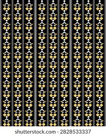 Seamless geometric ethnic pattern with repeating vertical bands, featuring diamond shapes and traditional tribal motifs. The balanced symmetrical arrangement creates an elegant textile-inspired design suitable for fabric prints, wallpapers, packaging, and decorative backgrounds.