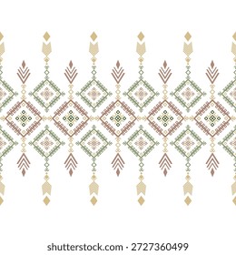 Nahtloses geometrisches ethnisches Muster mit symmetrischen Diamantformen und abstrakten Dekorelementen in sanften Erdtönen. Minimaler, vom Stamm inspirierter Hintergrund, geeignet für Textilien, Gewebe, Tapeten, Umhüllungspapier, Verpackungen und Innenausstattung.