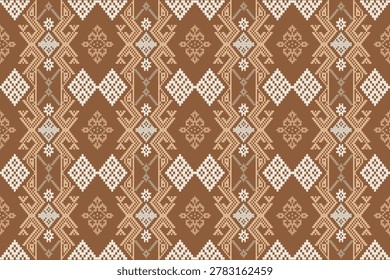 Seamless geometric ethnic pattern vector. Beautiful brown and beige traditional tribal pixel art design inspired by Southeast Asian woven textiles. Ideal for fabric print, clothing, fashion design, wrapping paper, wallpaper, and home decor backdrop.