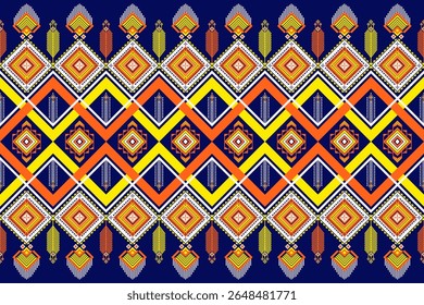 Seamless geometric ethnic pattern in vibrant orange, yellow, and white on a deep blue background. Tribal motifs, Ideal for textiles, fashion, wallpaper, background, and traditional cultural designs.