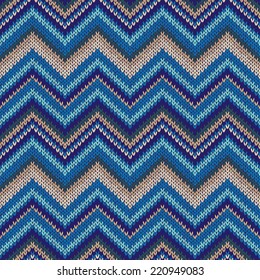 Seamless geometric ethnic spokes knitted pattern. Blue white beige color knitwear sample