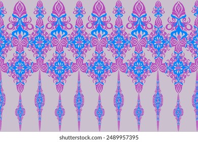 Patrón tribal étnico geométrico sin costuras, flores rosas y azules, ilustración, Vector