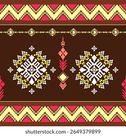 seamless geometric ethnic tribal pattern inspired.Native American,Aztec design.traditional textile motifs,warm color palette of earthy brown,yellow.Ideal for fabric,rugs,fashion,digital illustrations.