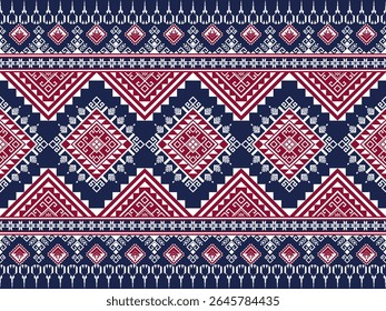 Seamless geometric fabric pattern inspired by ethnic patterns, similar to Southeast Asian tribal patterns. Used in fashion, clothing, textiles, wallpaper, graphic design, backgrounds and DIY projects.