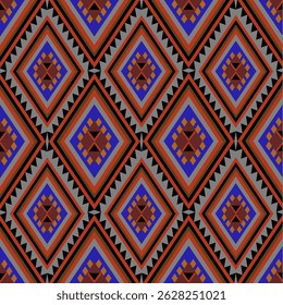 Seamless geometric fabric pattern on a gray background. The pattern emphasizes the colors of black, red, orange, blue, strong tones, 