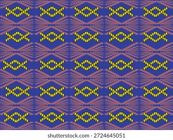 Patrón de tela geométrica sin costuras con motivos abstractos repetitivos y Elementos ondulados en tonos azules, púrpuras, rosados y amarillos vibrantes.