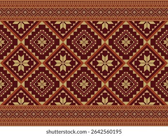 Seamless geometric fabric pattern represents the art and culture of the tribe. It uses dark red and brown tones, giving it a luxurious feel and adding prominence to the pattern. It is used for textile