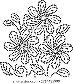 Elemento de design floral geométrico contínuo de flores girando no sentido horário com folhas e botões, bordado floral dinâmico pontilhado desenhado à mão ou ilustração de vetor decorativo para cortina de almofada de tecido etc