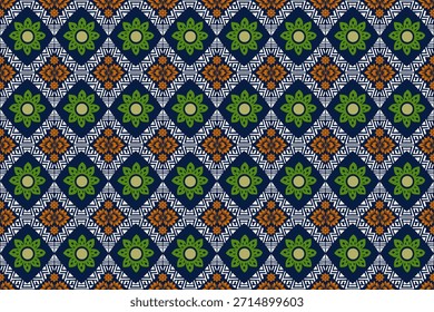 Seamless Geometric Floral Ikat Pattern with Ethnic Mandala Motifs. The design blends traditional tribal aesthetics with a modern graphic style. ideal for textiles, fashion fabrics, wallpaper, home décor