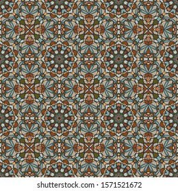 Seamless geometric floral mandala pattern, fabric repeating texture.