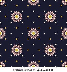 Seamless Geometric Floral Ornament Pattern Vector. Inspired by folk and ornamental geometry, this repeating pattern is ideal for fabric printing, wallpaper, wrapping paper, fashion textiles, home decor, and modern surface design projects. High-quality seamless vector suitable for professional textile, interior, and decorative applications.