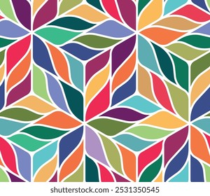 Seamless geometric floral pattern with abstract flowers and leaves in a modern multicolored mosaic design. Vibrant and bright colors on a white background. Vector illustration.