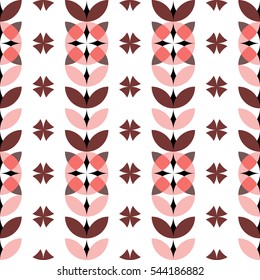 Seamless geometric floral pattern in beige, black, pink and coral colors. Floral vertical garlands. Vector.