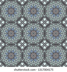 Seamless geometric floral pattern in blue, fabric repeating texture. Home  decor, interior design.