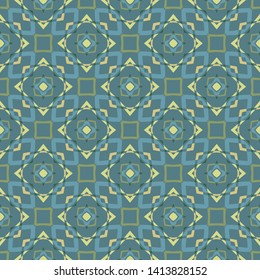 Seamless geometric floral pattern in blue. green and yellow, fabric repeating texture.