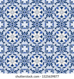 Seamless geometric floral pattern in blue, fabric repeating texture.