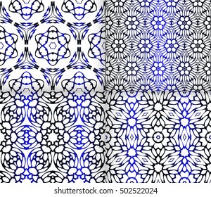 Seamless geometric floral pattern. blue color. vector graphic illustration. Ethnic arabic indian ornament. For wallpaper, brochure, web page background. set of 4 pattern