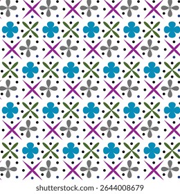 Padrão floral geométrico contínuo com elementos coloridos em negrito em um fundo branco. Ideal para têxteis, papel de parede e design decorativo.