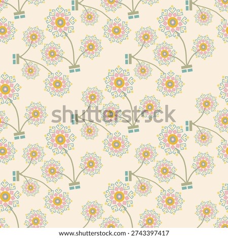 Seamless geometric floral pattern with dainty blossoms. Minimalist botanical background for nursery textile, wrapping paper, and feminine branding in soft pastel colors.