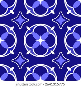A seamless geometric floral pattern in deep blue and violet tones. Perfect for fashion fabrics, digital prints, and textile design projects.