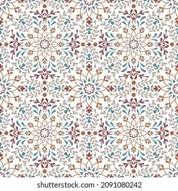 Seamless geometric floral pattern. ethnic ornament blue, brown and grey flowers background.