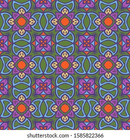 Seamless geometric floral pattern, fabric repeating texture in green and violet.