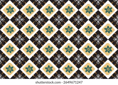 A seamless geometric floral pattern featuring stylized flowers and ethnic-inspired motifs in black, white, gold, and teal. Ideal for textile prints, wallpapers, and digital backgrounds.