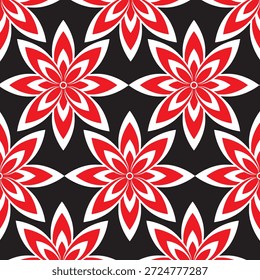 Un patrón floral geométrico sin fisuras con flores estilizadas rojas y blancas sobre un fondo oscuro. El diseño de repetición simétrica crea un aspecto equilibrado y decorativo ideal para textiles, Fondo de pantalla o diseño de superficies.