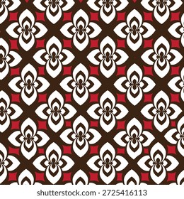 Un patrón floral geométrico sin fisuras con Formas de flores abstractas simétricas en tonos marrones, blancos y rojos. El diseño evoca un estilo textil retro y étnico adecuado para la tela o el Fondo de pantalla.