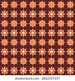 seamless geometric floral pattern featuring red line work and flowers in shades of orange and yellow against a dark reddish-brown background for textile design, clothing, carpet, wallpaper, fabric,graphic backgrounds ,wrapping paper, vector illustration. I drew this by myself, it's not AI generated.