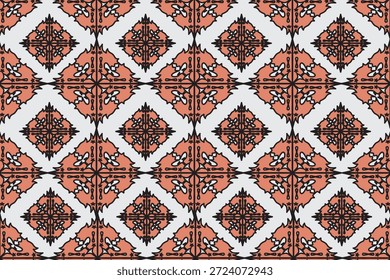 Padrão floral geométrico contínuo inspirado no estilo de design escandinavo e dinamarquês. Apresenta formas ornamentais desenhadas à mão simétricas em laranja de terracota quente com contornos pretos em um fundo neutro claro. Perfeito para design têxtil, papel de parede, papel de embrulho, tecido, decoração da casa, design de padrão de superfície e temas interiores nórdicos modernos. Padrão repetitivo com uma estética limpa, mínima, mas decorativa.